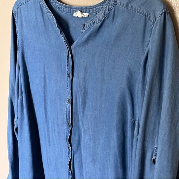Jane & Delancey Collarless Blue Denim Roll Tab Sleeve Button Front Shirt Size 2X - Picture 4 of 10